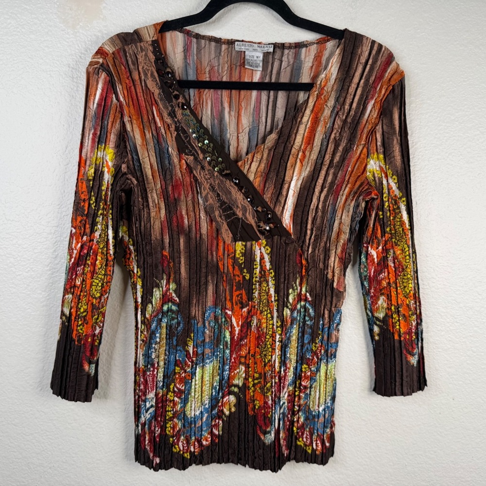 Alberto Makali Women's Top Multicolor Sz M Crinkle Pleated Y2K Beaded Artsy